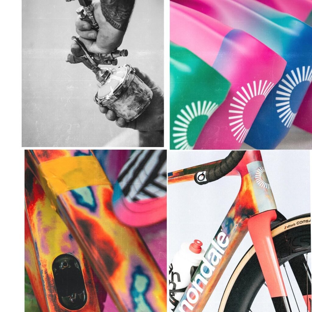 A collage of images showing the process of custom bike painting: a person holding a spray gun, vibrant colored designs on a bike frame, and close-ups of the painted bike frame and handlebars.