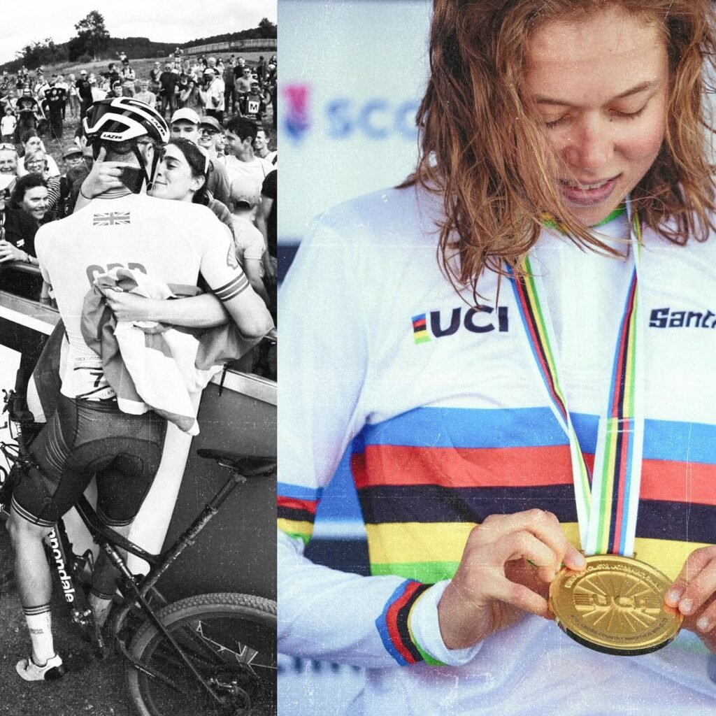 A split image showing two moments in cycling: on the left, a cyclist embraces a supporter after a race, and on the right, a cyclist wearing a UCI jersey admires a gold medal.